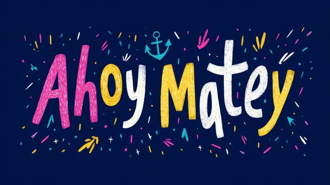 Colorful hand-drawn 'ahoy matey' nautical design with anchor and confetti elements