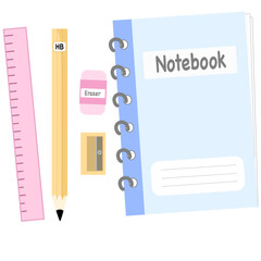 basic school supplies include pencil, eraser, Pencil sharpener, ruler, notebook