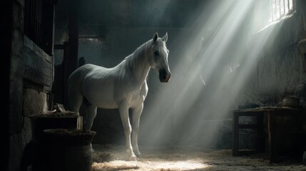 Majestic white horse standing in sunlit barn stall