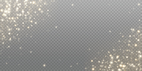 Golden glitter and glowing particles corner frame. Sparkling light overlay for Christmas, New Year, celebration design. Remove transparent background in vector file.
