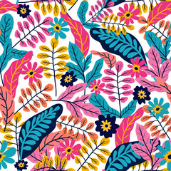 Colorful Floral Seamless Pattern, Hand Drawn Botanical Vector Background, Modern Nature Repeat Design