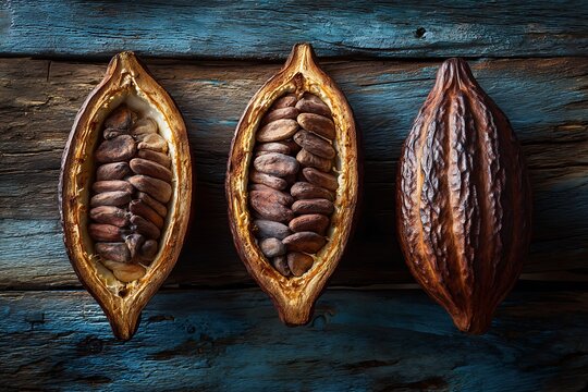 A close-up studio shot of three cacao pods, showcasing the raw beans and rustic texture on a wooden surface.