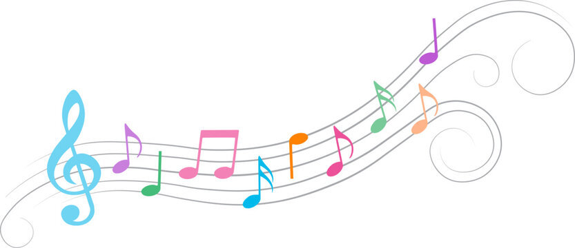 Colorful music notes with swirls, isolated vector illustration.