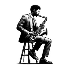 Naklejka premium African man in suit playing saxophone sketch engraving black and white outline. Scratch board imitation. illustrated in vintage line art style on a white background.