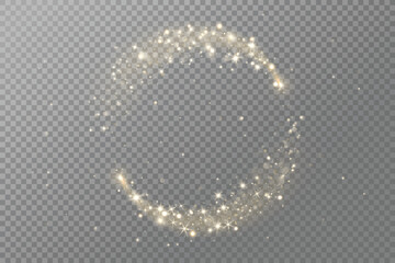 Golden glitter circle with sparkling lights, glow, and magic dust effect. Perfect for Christmas, party designs, celebration banners, and festive overlays. Remove transparent background in vector file.