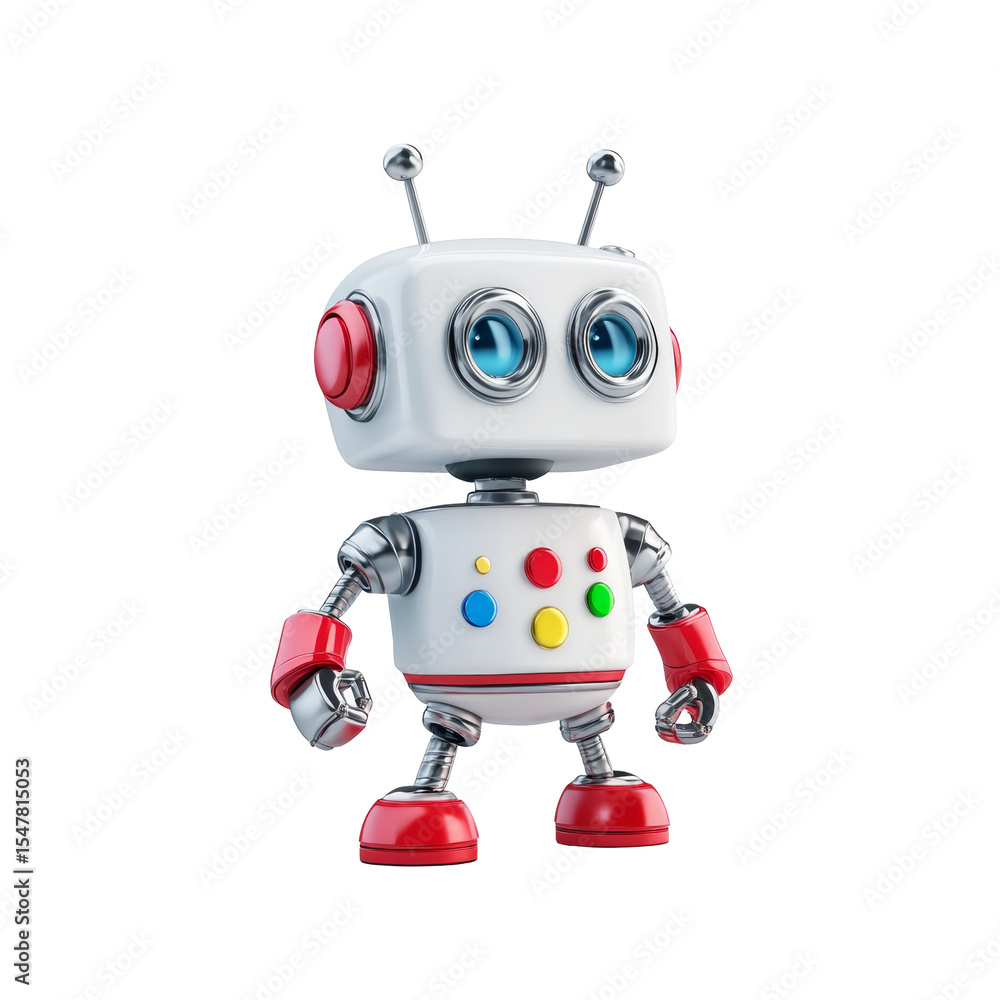 Poster cute robot with colorful buttons on white background