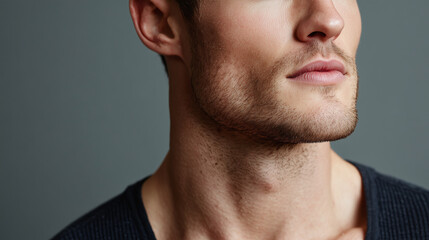 Obraz premium Portrait jawline close up of man with light beard and smooth skin, showing calm expression and natural lighting on neutral background
