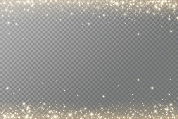 Top and bottom golden glitter lights. Falling glowing particles. Sparkling magic glow frame for celebration, birthday, wedding, Christmas or New Year. Remove transparent background in vector file.