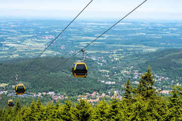 Yellow gondola lift moving above forest with town and countryside view in distance under blue sky