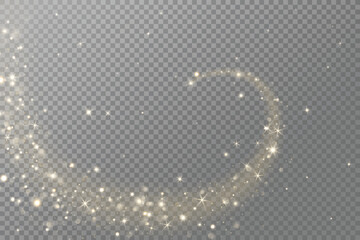 Golden glitter wave with sparkling lights, glow, and magic dust effect. For Christmas, party posters, celebration banners, festive photo overlays. Remove transparent background in vector file.