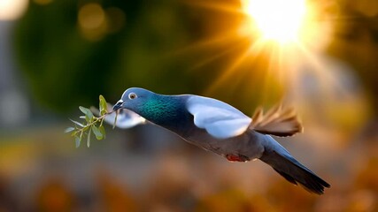 A pigeon gracefully soaring through the air, carrying a branch against a backdrop of golden sunlight. The bird is a symbol of peace, carrying a message of hope.