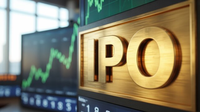 Close-up of golden stock market ticker displaying IPO with financial charts, symbolizing investment opportunities and capital market growth. Financial business and trading concept.