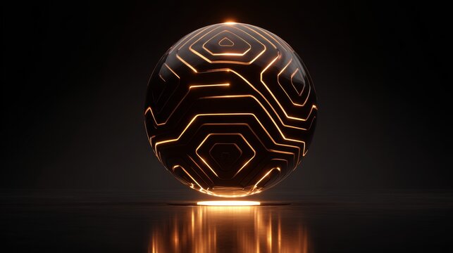 Futuristic glowing sphere with geometric patterns in dark atmosphere