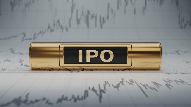Close-up of golden stock market ticker displaying IPO with financial charts, symbolizing investment opportunities and capital market growth. Financial business and trading concept.