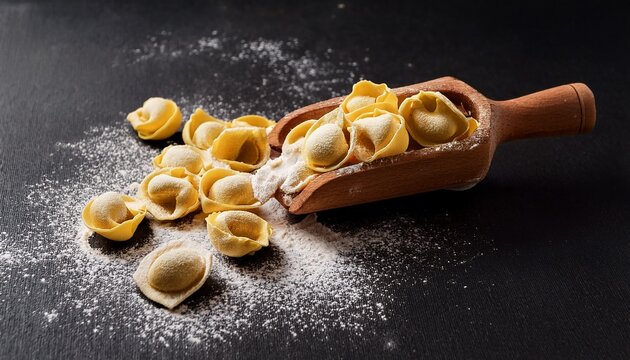 wooden scoop with flour covered raw cappelletti pasta on dark background