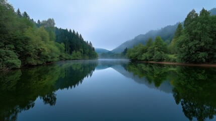 Still lake reflects forest trees mountains under misty dawn light. AI generated