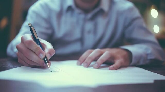 Precise Penmanship: An individual focuses on the task at hand, carefully writing with a pen on a blank paper in this close-up, a scene of diligent dedication and thoughtful composition. 
