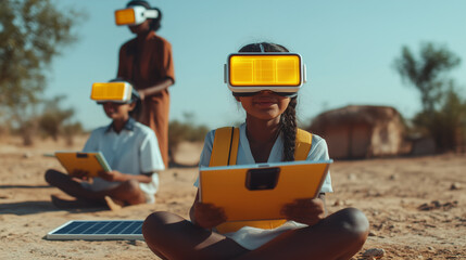 Children in a remote countryside learning with VR glasses and solar power.