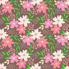 Seamless Floral Pattern with Cream, Pink and Coral Flowers on Brown Background