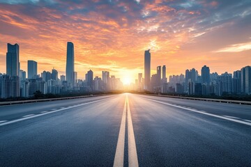 Fototapeta premium road leading to futuristic city skyline at dawn.