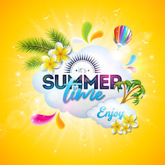 Hello Summer Holiday Banner Design with Flower, Cloud and Text Label on Sun Yellow Background. Vector Tropical Vacation Illustration with Colorful Beach Elements, Air Balloon and Palm Leaves for Flyer