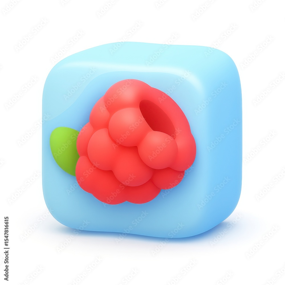 Poster 3d render of a red raspberry on a blue cube
