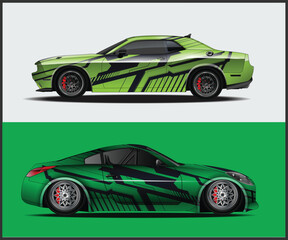 Two Green Sports Cars with Black Graphics on a Split Background