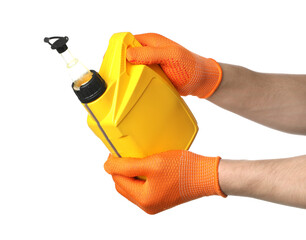 Man with yellow canister of motor oil on white background, closeup