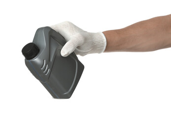 Man with grey canister of motor oil on white background, closeup