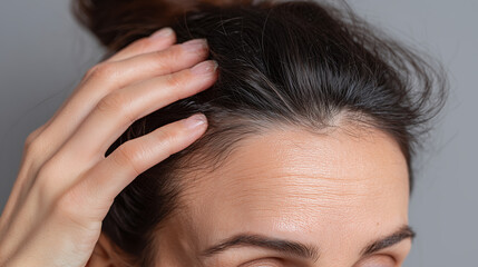 Fototapeta premium Close up portrait of forehead with hand touching hair, showing clear skin texture and natural beauty in soft lighting, conveying calm and gentle emotion