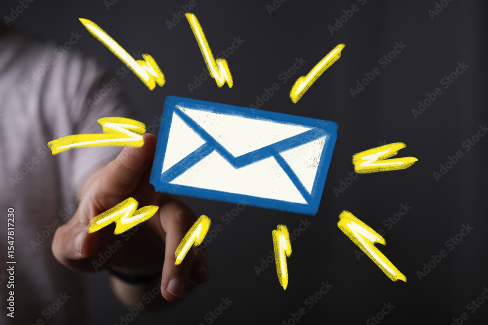 Poster person interacts with a digital email icon, representing communication and receiving messages.