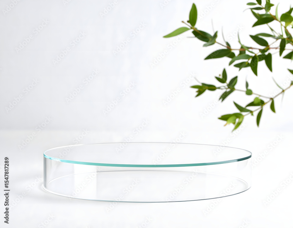Poster clear glass oval display platform on white textured background with branch