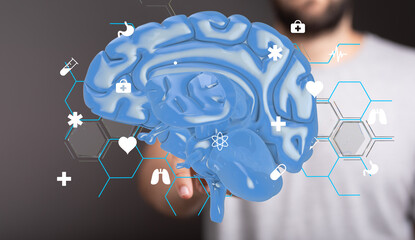 3D brain model with medical icons.  Perfect for healthcare, neurology, and science concepts.