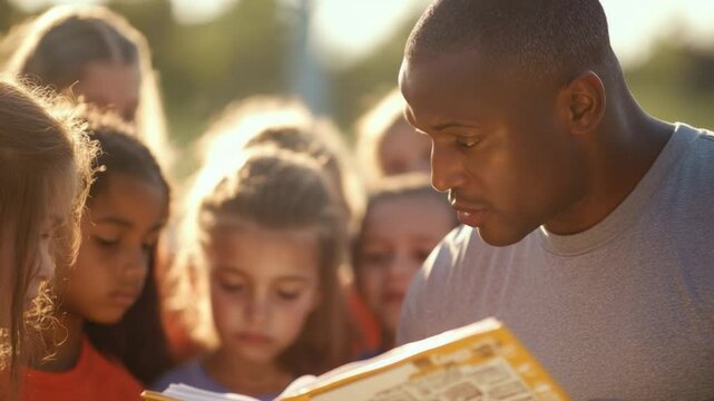 Mentor's Wisdom: A caring mentor, illuminated by the warm sun, engages a group of young learners with the captivating pages of a book. The scene is painted with a strong sense of education.