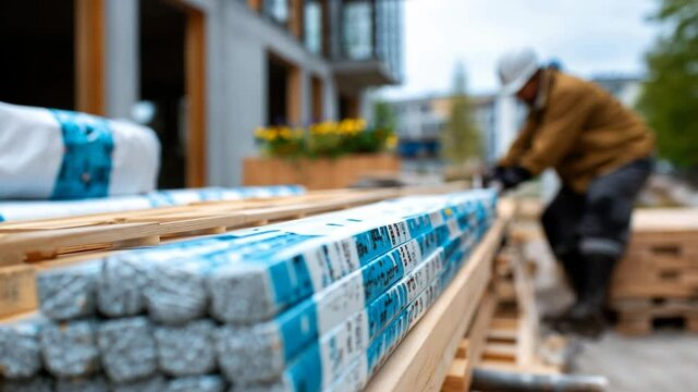 Construction worker handling material on site. A person in safety gear working on a construction site, focusing on packed materials