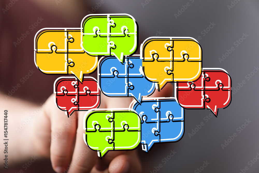 Poster colorful puzzle pieces in speech bubbles illustrate teamwork and communication. ideal for collaborat