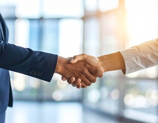 photo of a professional handshake between two businesspeople from diverse backgrounds, in a modern office with natural lighting and a blurred cityscape behind them.