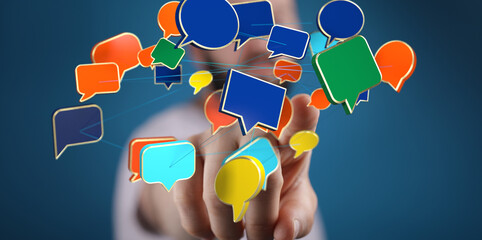Abstract image of colorful speech bubbles connected, symbolizing communication and networking.