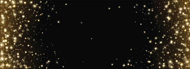 Add as overlay to any background or photo by using Screen mode. Golden glitter corners with glow, sparkles and bokeh. Festive frame for Christmas, New Year, invitations, celebration banners. Vector.