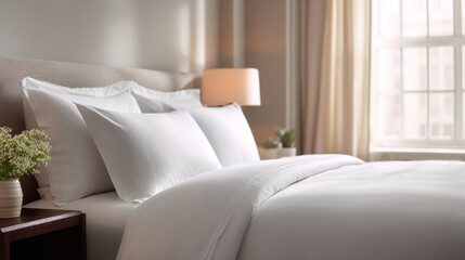  a perfectly made bed with crisp white linens and plush pillows is bathed in the soft warm glow 