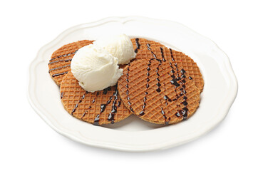 Tasty Dutch waffles (stroopwafels) with ice cream and chocolate sauce isolated on white