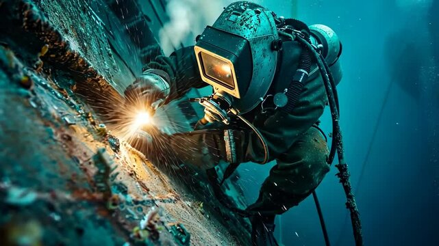 underwater welding in action - a professional welder in a diving suit performs technical work at depth. Used in engineering, shipbuilding, infrastructure and emergency marine repairs.