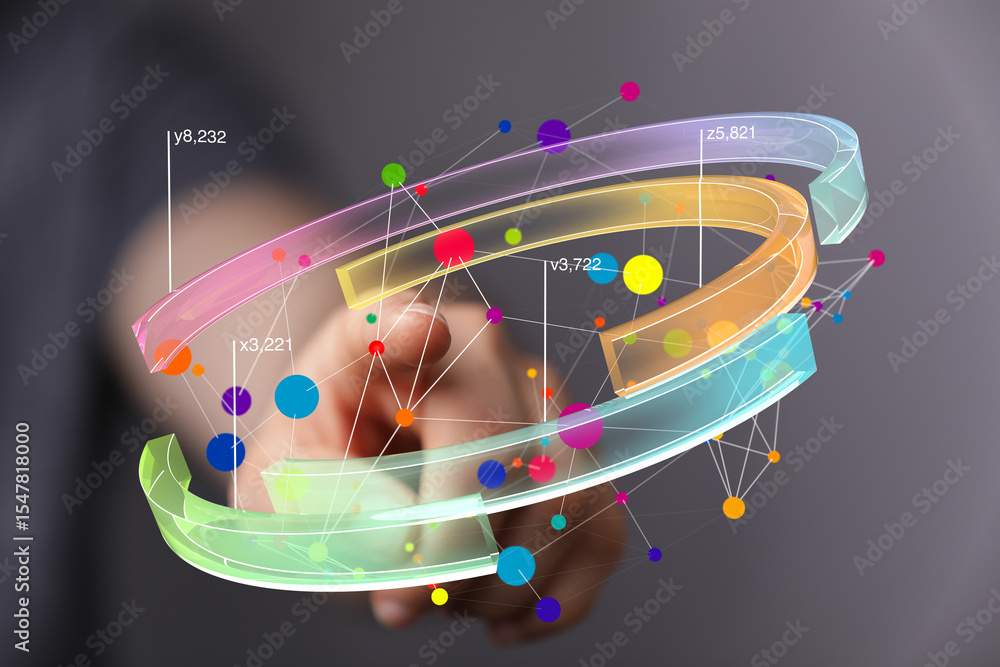 Poster abstract image of a hand interacting with a vibrant 3d data visualization. perfect for technology, a