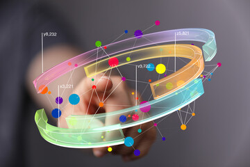 Abstract image of a hand interacting with a vibrant 3D data visualization.  Perfect for technology,...