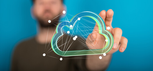 A man interacts with a 3D cloud network visualization, symbolizing cloud computing and connectivity.