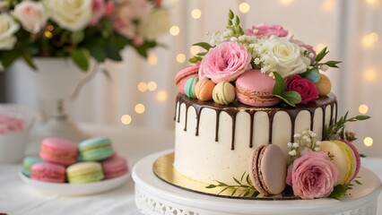 Elegant Floral Celebration Cake with Macarons, Roses, and Chocolate Drizzle on White Stand