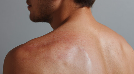 Sunburned back shoulder of man with visible redness and irritation on skin, showing discomfort and sensitivity from sun exposure. Close up portrait style macro image