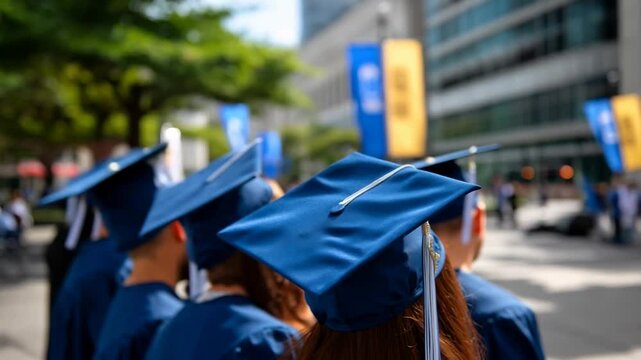 Graduation of students with cap and gown in urban background. Celebrate the hard work and dedication