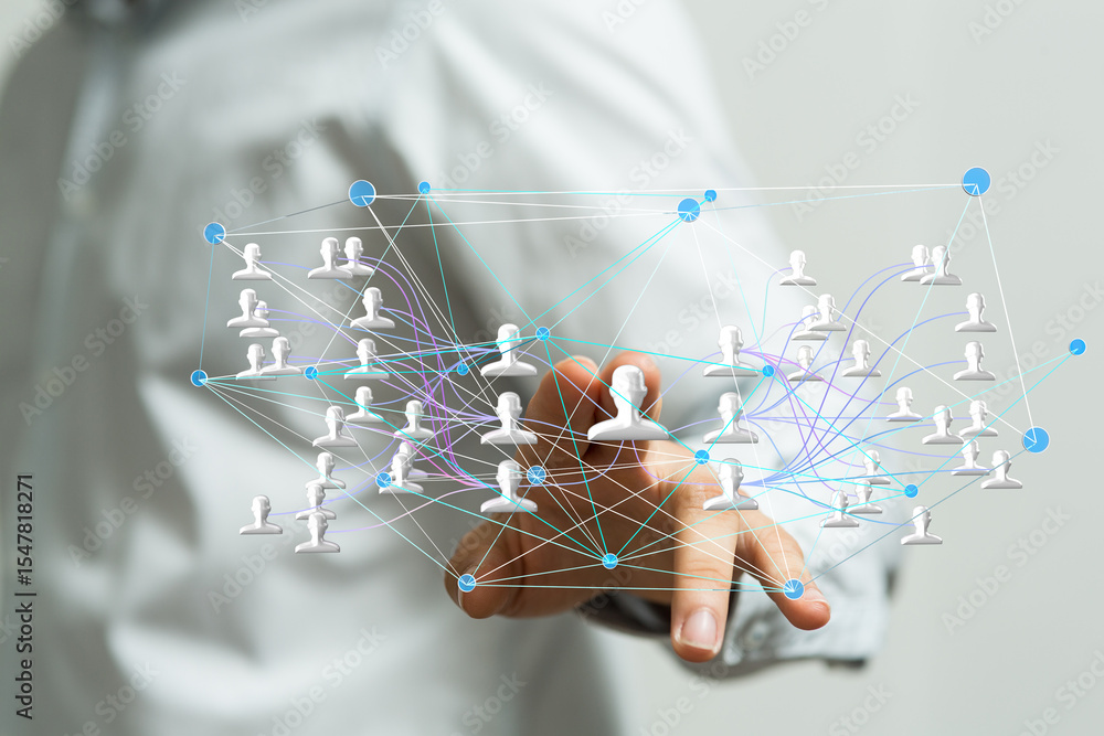 Poster image of a hand interacting with a digital network, illustrating connections and social media.