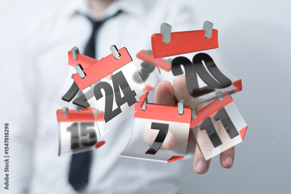 Poster image of a businessman holding several calendar dates, symbolizing scheduling and time management.